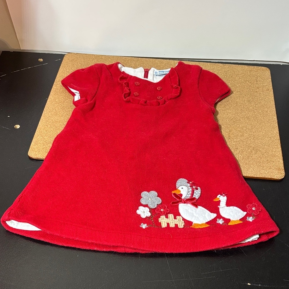 💐Red Toddler Dress with Embroidered Geese Vintage Lined 18m